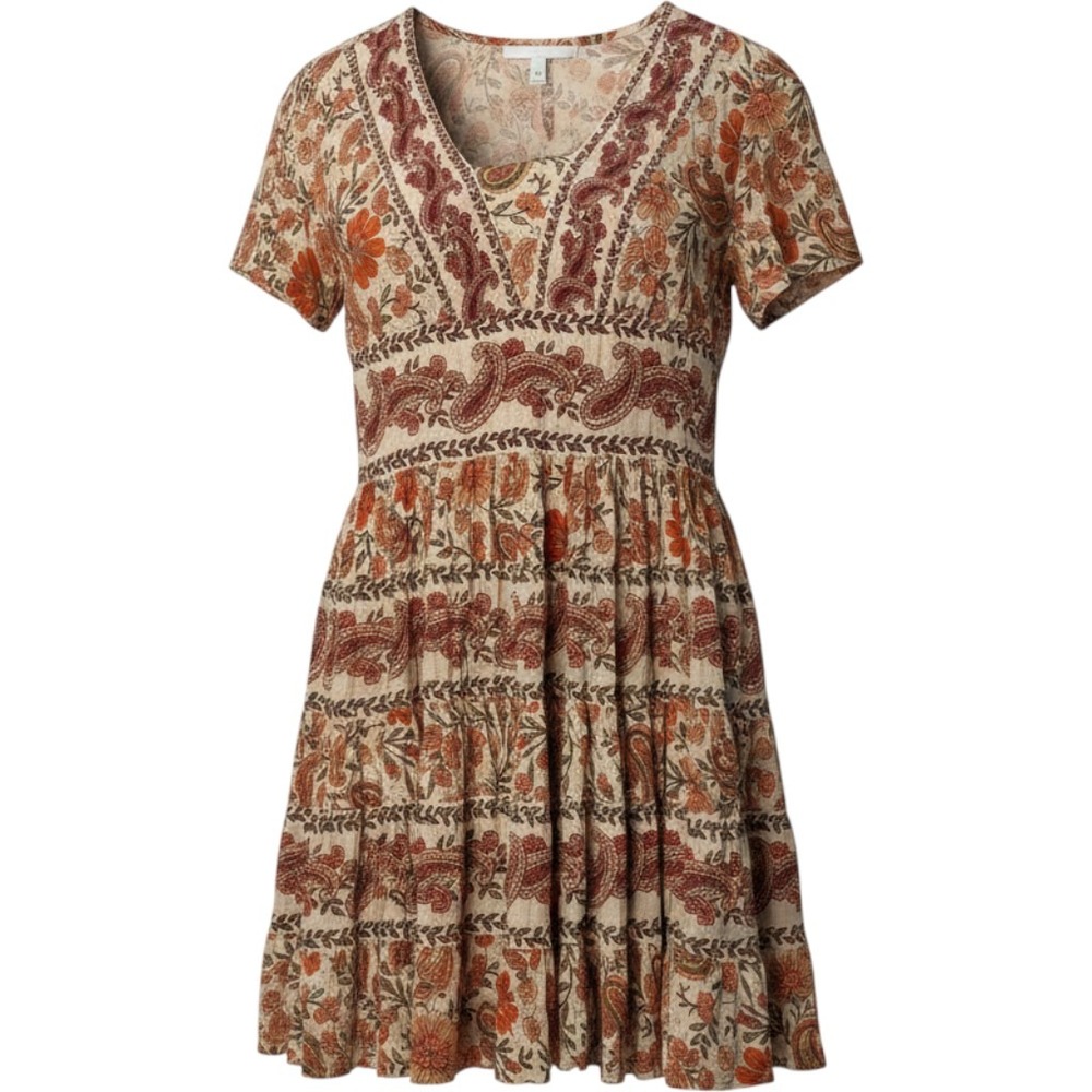 BOHO Paisley Babydoll Mini‎ Dress Size XS Orange Ruffle Festival Western Cottage